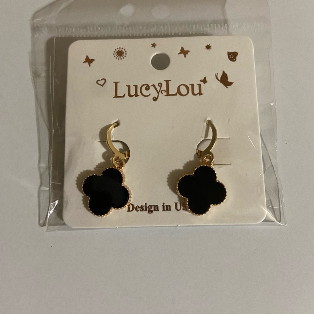 Black Clover Drop Earrings with Gold Trim